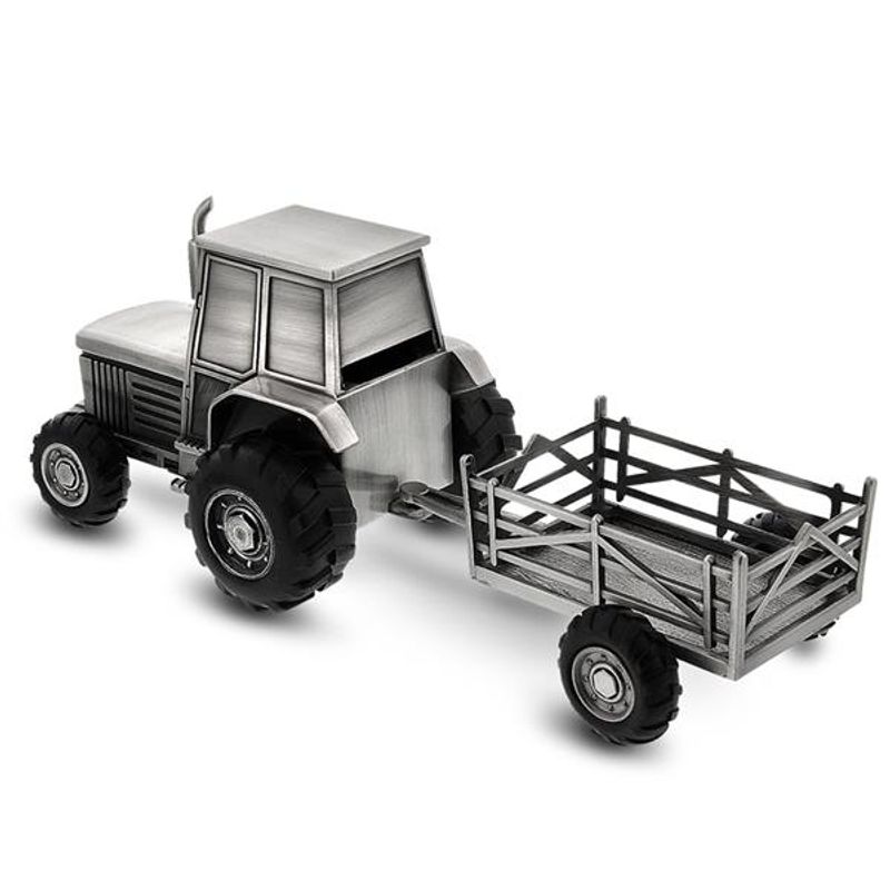 Fortinnet sparebøsse, traktor med tilhenger.